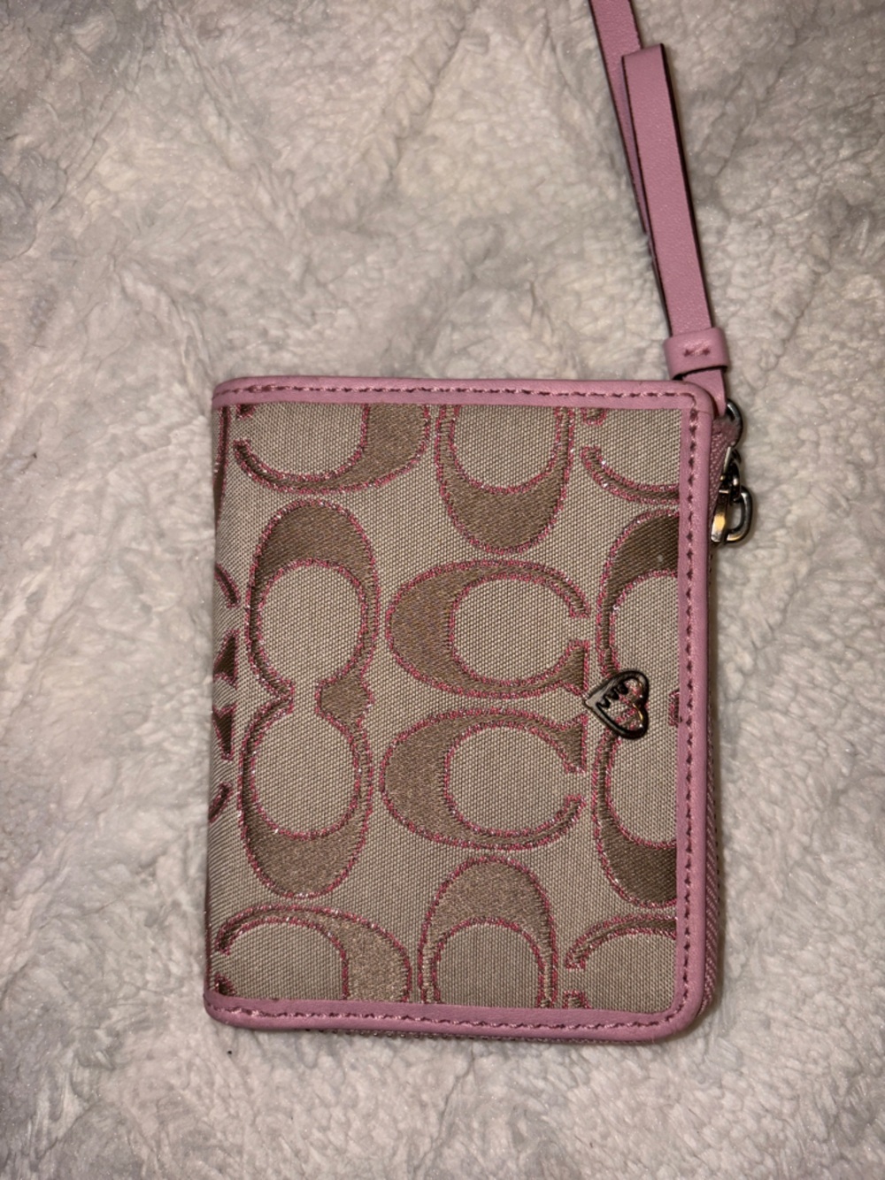 Coach Beige Signature Canvas Card Wallet with Pink Trim